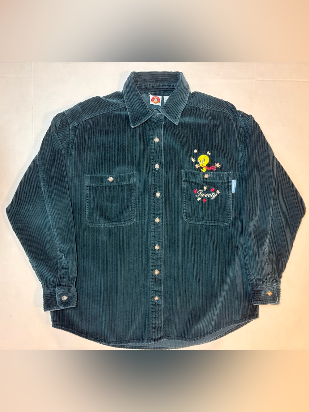 Looney Tunes Tweety Bird VTG Forest Green 100% Cotton Corduroy Shirt Size M